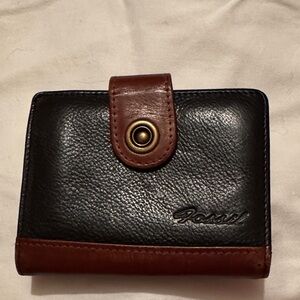 Fossil Black and Brown Leather Wallet with Snap Closure